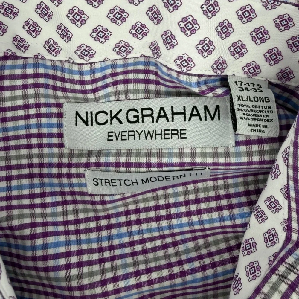 Nick Graham Everywhere Modern Fit Men's Purple Gingham Dress Shirt & Tie X-Large - Picture 4 of 9